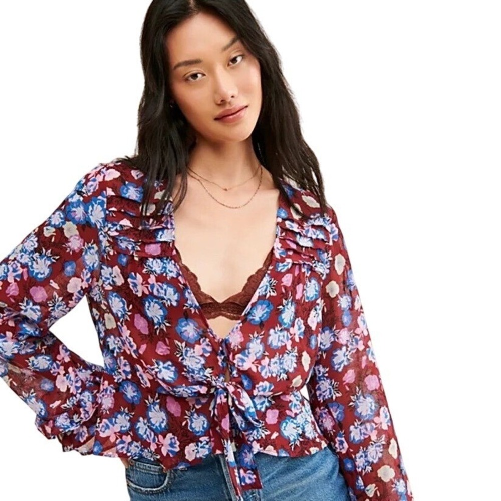 Free People Floral Tie Front Ruffle Blouse‎ Burgundy Blue Small OB1026401 EUC